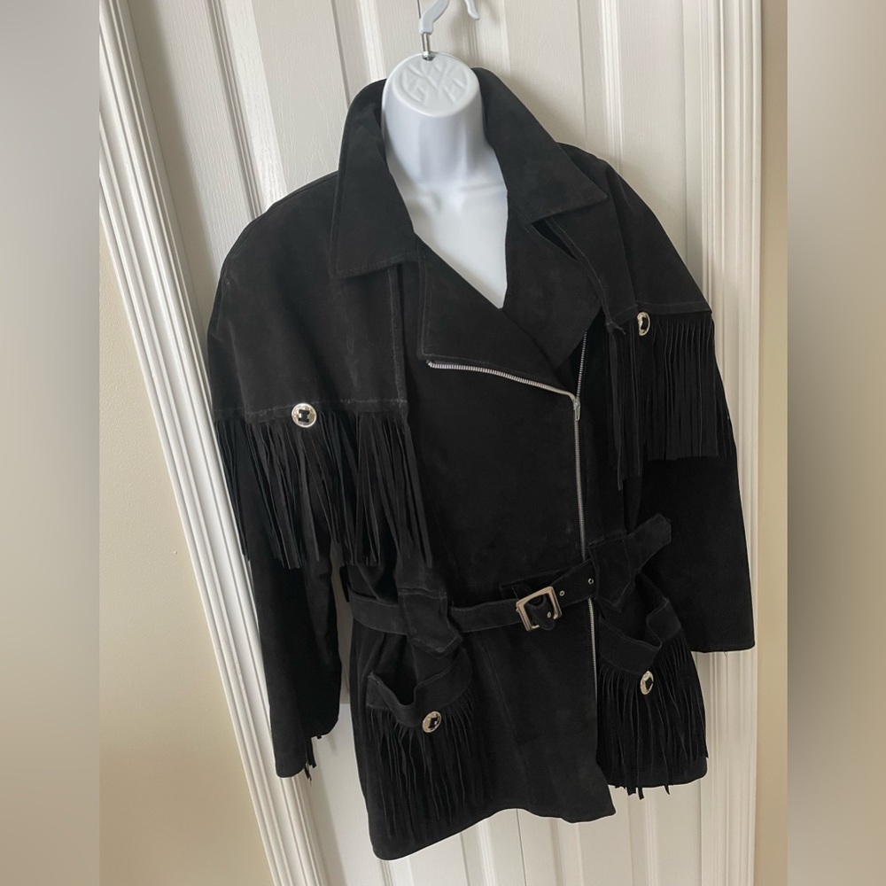 Vintage Black Suede Fringe Coat with Belt - Picture 2 of 4